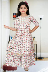 Printed cotton blend girls' kurta plazzo set, A-line palazzos and three-quarter sleeves, summer party dress collection for ages 4-12 years, made in India