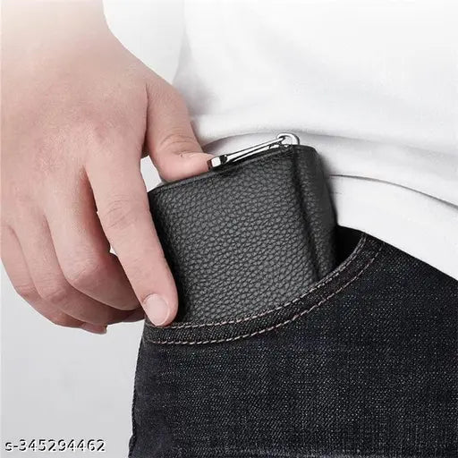 Textured black leather RFID blocking 5-compartment men's cardholder, fits 12 cards and cash, premium genuine leather with bee decoration