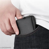 Textured black leather RFID blocking 5-compartment men's cardholder, fits 12 cards and cash, premium genuine leather with bee decoration