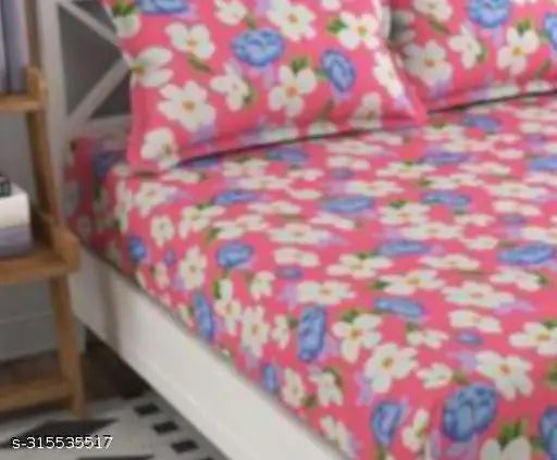 White Glace Cotton floral fitted bedsheet set (90x100) with 2 pillow covers, ideal for adult summer use, made in India