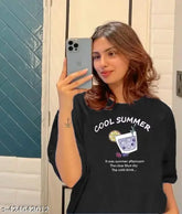 Oversized black cotton blend t-shirt with cool summer print, short sleeves