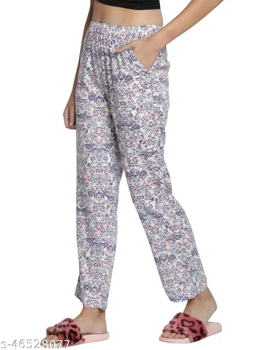 White rayon floral printed pyjama, comfortable maxi length loungewear with elastic waist and pockets