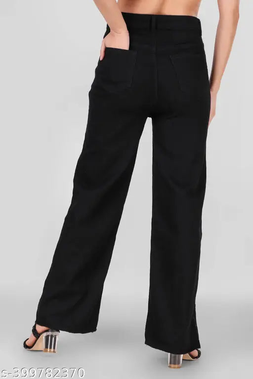 Stretchable premium denim flared black jeans, baggy & mid-waist jogger pants for women xl, 2xl, 3xl, 4xl with ankle cuff & elastic waist - Indian denim fashion