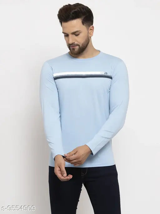 Sky Blue cotton blend long sleeved regular fit T-shirt with printed design, perfect for casual wear