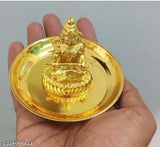 Gold-colored Maa Annapurna Statue Murti with coin, intricately detailed Indian god idol (6cm x 6cm x 4cm)