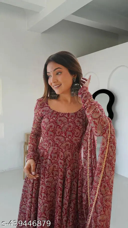 Women's printed georgette Anarkali Kurta with attached dupatta, long sleeves, Indian traditional outfit on mannequin