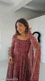 Women's printed georgette Anarkali Kurta with attached dupatta, long sleeves, Indian traditional outfit on mannequin
