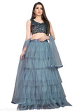 Grey net A-line ceremonial lehenga with sequined unstitched blouse, Indian semi-stitched traditional wear for special occasions