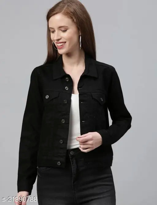 Classy denim black jacket for women, self-design net pattern, long sleeves. Sizes: S (34in bust, 18in length), M (36in bust, 18in length), L (38in bust, 18in length), XL (40in bust, 18in length)