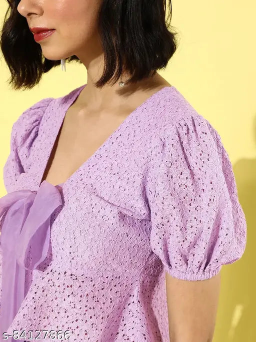 Mauve cotton self-design crop top with bow tie up and short puff sleeves, Style Quotient women's fashion top from India