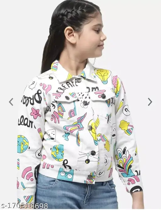 white print cotton blend kids jkt, long sleeves, printed net design for 5-12 years old children's clothing from India