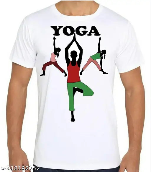 White, polyester round neck yoga t-shirt with printed design, regular fit for sports use