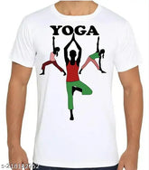 Polyester round neck yoga t-shirt with printed design, white color, suitable for regular use
