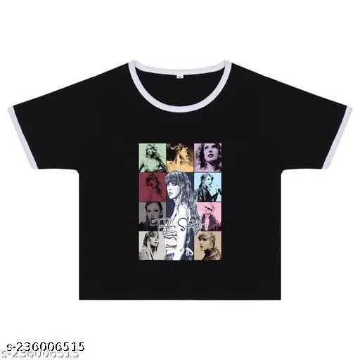 Black cotton Maxall Taylor Swift crop top for girls/women, printed pattern on short sleeves, XS (bust size: 34 in)