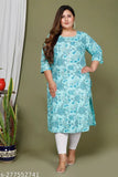 Light Blue printed cotton straight kurta for plus size women, three-quarter sleeves, India origin