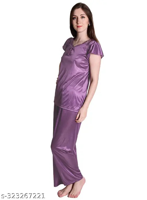 Purple satin night suit/top & pajama set for women, stylish sleepwear for comfort and chic style