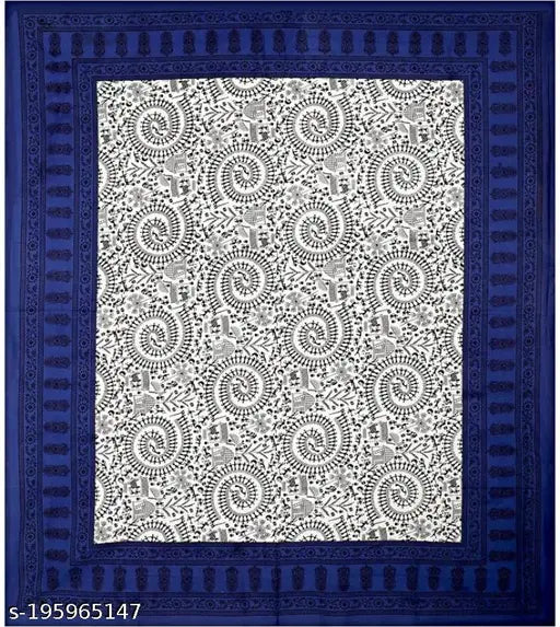 Blue tribal print 144 TC cotton double flat bedsheet with 2 pillow covers, Indian-made luxury for summer