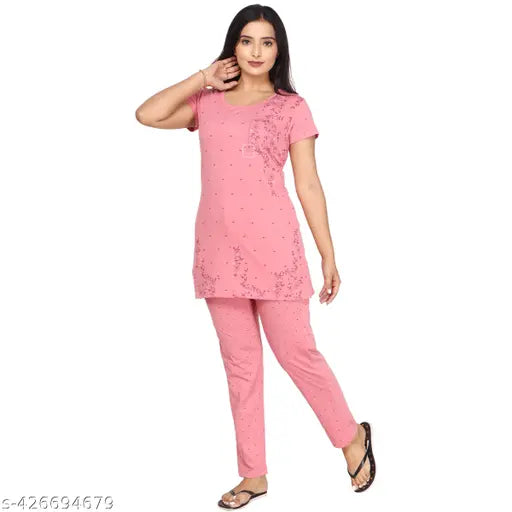Indian-made polycotton printed nightsuit for women/girls, loose-fitted and comfortable, perfect length, round neck, no fade or shrinkage issues