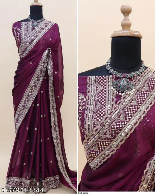 Purple Georgette Bollywood Saree with embroidered sequin details, featuring a separate silk blend blouse