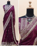 Purple Georgette Bollywood Saree with embroidered sequin details, featuring a separate silk blend blouse