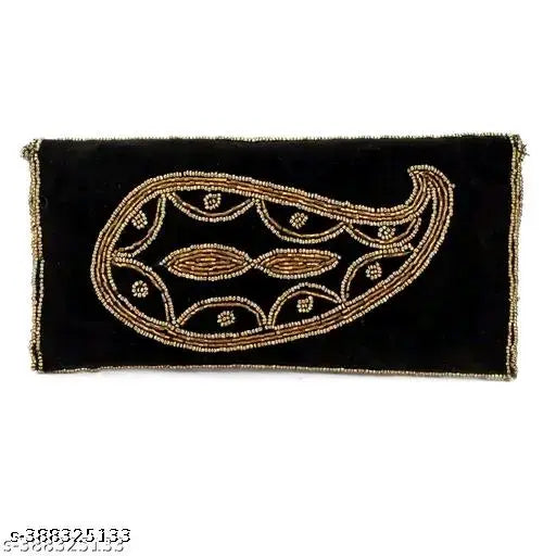 Black velvet embroidered clutch, handmade Indian design, perfect for casual or occasion use
