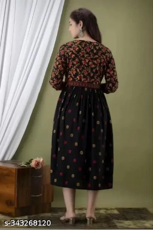 Rayon black floral printed Anarkali kurti, trendy ethnic wear for parties