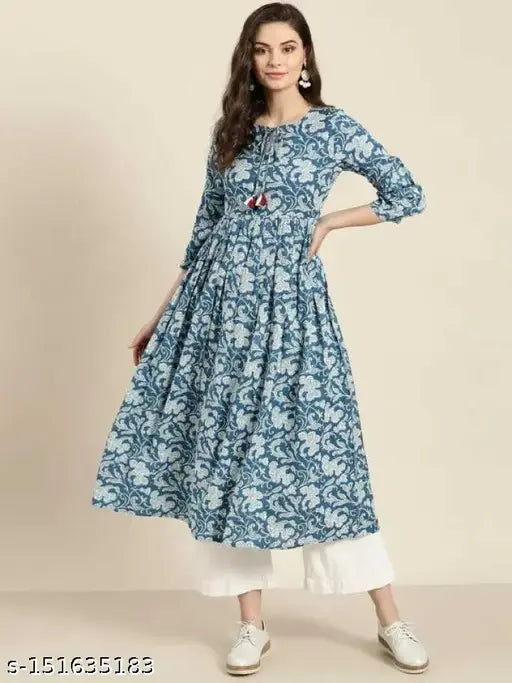 Rayon printed net kurta with palazzos, three-quarter sleeves, available in XS to XXL sizes