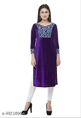 Purple velvet A-line kurti, three-quarter sleeves, printed winter fashion for women, India