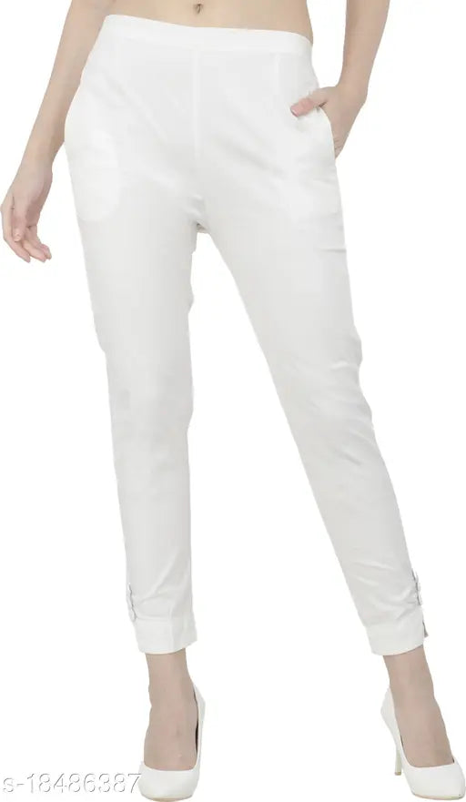 White cotton-lycra slim fit trouser pants, ideal for city fashion, versatile with solids and kurta tops, comfortable material from India