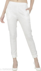 White cotton-lycra slim fit trouser pants, ideal for city fashion, versatile with solids and kurta tops, comfortable material from India