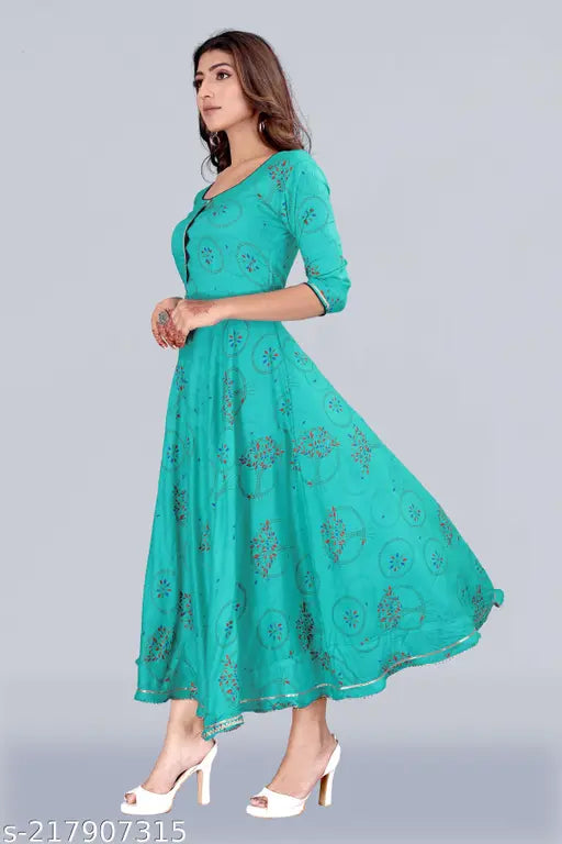 Rayon printed Meesorra long gown kurti, three-quarter sleeves, Indian fashion in multiple sizes, including S (bust 36in)