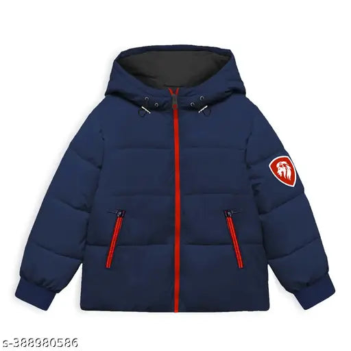 Navy blue puffed jacket for kids, solid polyester fabric with long sleeves and hood. Relaxed fit for winter wear