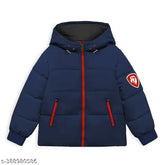 Navy blue puffed jacket for kids, solid polyester fabric with long sleeves and hood. Relaxed fit for winter wear