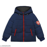 Navy blue puffed jacket for kids, solid polyester fabric with long sleeves and hood. Relaxed fit for winter wear
