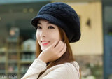 Black wool self-design beanie cap for women - soft, warm, snow & airproof