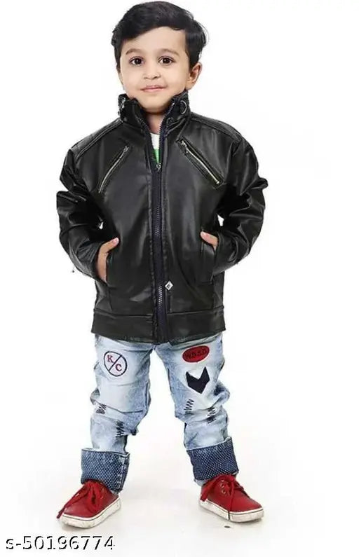 Boys black leather jacket, solid pattern, long sleeves, pack of 1 for kids aged 2-6 years, India origin