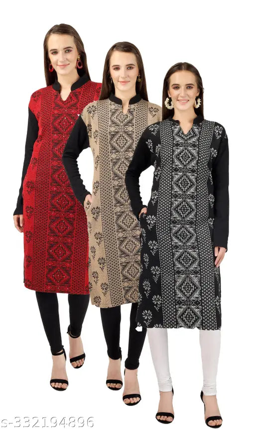 Red wool A-line kurti set, ethnic motif print, women's cozy Indian wear (XL - bust 40in, length 40in)