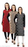 Red wool A-line kurti set, ethnic motif print, women's cozy Indian wear (XL - bust 40in, length 40in)