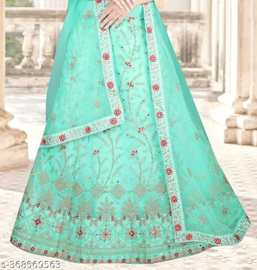 Sea Green Embroidered Semi-Stitched Lehenga Choli, net fabric with mirror work, ideal for women's festive occasions