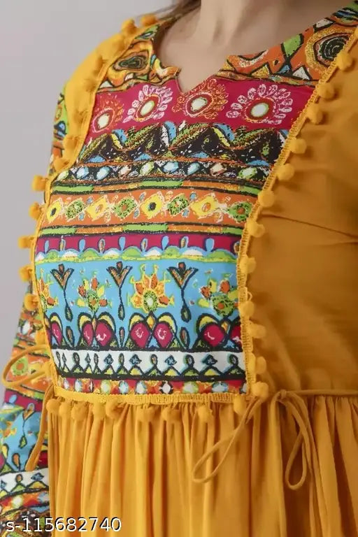 Trendy rayon printed Anarkali kurta with three-quarter sleeves, vibrant Indian fashion for women