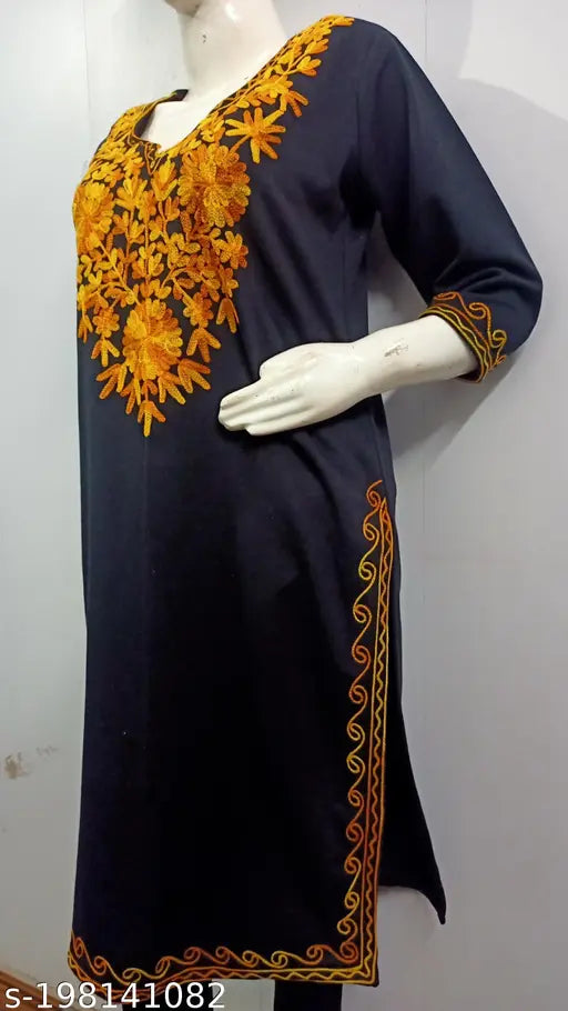 Black woolen kurti with yellow Kashmiri embroidery, three-quarter sleeves, camellia design - women's fashion for day, wedding, casual, office wear