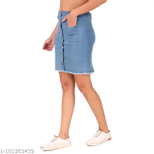 Lightblue denim kashian Women's straight skirt, solid pattern, sizes: 28 (waist 28in, length 18in), 30 (waist 30in, length 18in), 32 (waist 32in, length 18in), 34 (waist 34in, length 18in), made in India