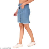 Lightblue denim kashian Women's straight skirt, solid pattern, sizes: 28 (waist 28in, length 18in), 30 (waist 30in, length 18in), 32 (waist 32in, length 18in), 34 (waist 34in, length 18in), made in India