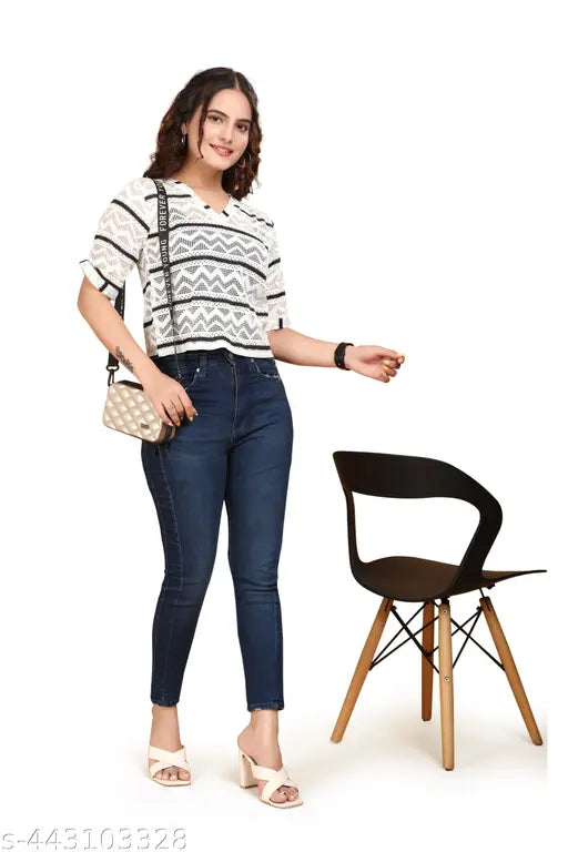 Striped cotton blend half sleeve embroidered tunic for women, trendy retro style with lace detail, India origin