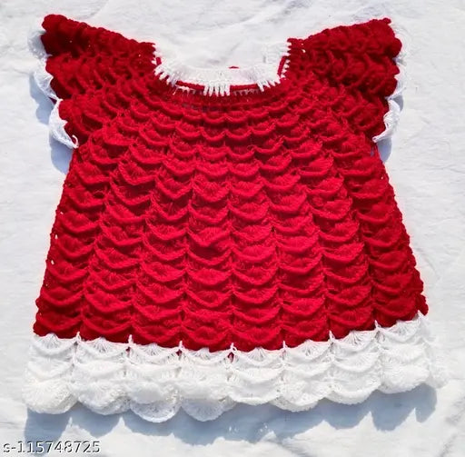 Handmade red wool sweater/frock for baby girls, solid pattern, warm and cozy winter wear. Made in India