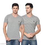 Heathered grey melange cotton blend men's t-shirts pack 2, self-design short sleeves, M L XL from India