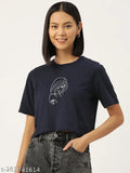 Women's black printed pure cotton short-sleeve t-shirt, graphic design on navy backdrop, knitted cotton fabric