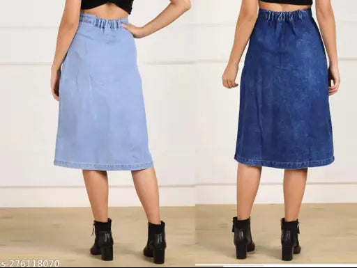 Light blue denim A-line skirt set for women, two pieces available in sizes 28, 30, 32, 34, 36, 38 - made in India