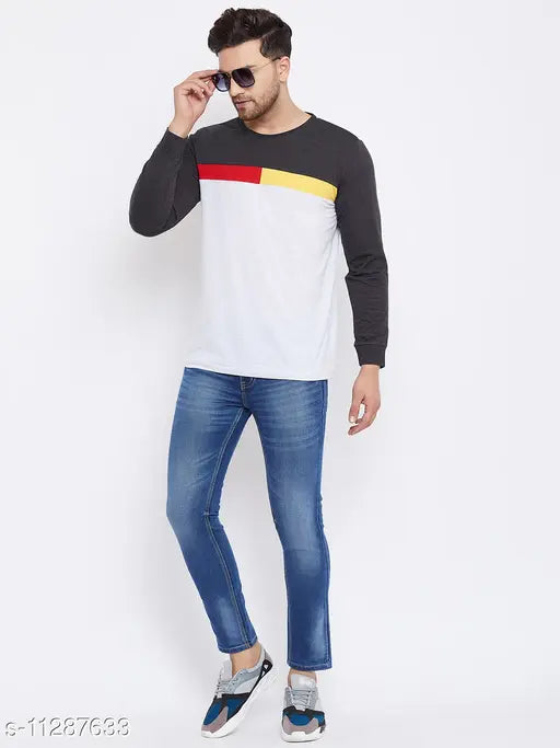 Grey cotton blend colorblocked men's t-shirt with long sleeves and round neck, printed pattern on front