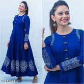 Royal blue rayon gown with Rakul Preet Singh printed design, three-quarter sleeves